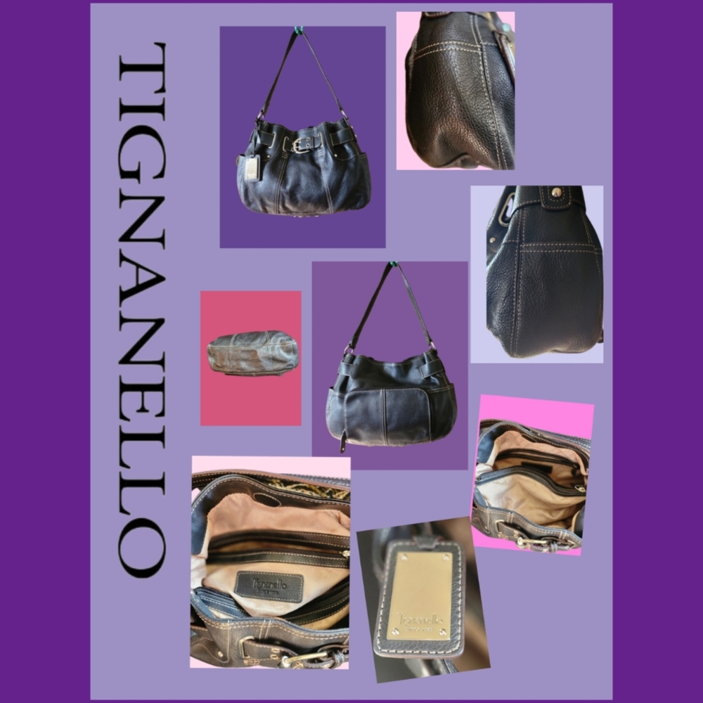 TIGNANELLO BLACK PEBBLE GRAIN LEATHER BELTED ORGANIZER HOBO BAG - Picture 1 of 11
